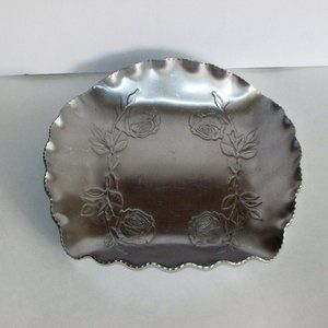 Vintage Aluminum Tray Round Curved Dish Embossed Roses MCM Server